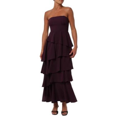 Imagem de Lulus Jovie Vestido midi sem alças para mulheres, elegante, de chiffon, preto, com camadas de babados e costas franzidas, Berinjela, GG