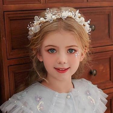 Imagem de Tiara Infantil Daminha de Honra com Flores e Pérolas Coroa de Flores Dourada e Branca para Casamento (Tiara Dourado e Branco)