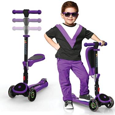 Imagem de SKIDEE Patinete para crianças de 3 a 5 anos | Scooter dobrável de 3 rodas com altura inclinada, ajustável, assento removível e rodas leves de LED | Scooter infantil de até 12 anos, roxo