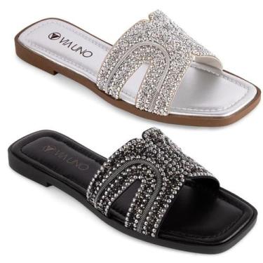 Imagem de Sandália Via Uno Rasteira Elegante Pedraria Strass 948028, Preto, 36