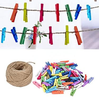 Imagem de Clipe de madeira de 100 peças, clipe de foto de cartão de bétula com corda de 10 m para decoração de festivais de casa