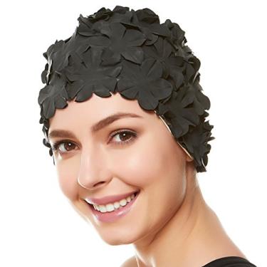 Imagem de (Black) - Beemo Floral Petal Swim Cap for Women - Retro Style Vintage Bathing Cap Swimming Hat for Long and Short Hair