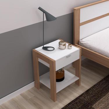 Imagem de Mesa de Cabeceira com 1 Gaveta e 1 Tomada Bivolt - Branco/Amêndoa
