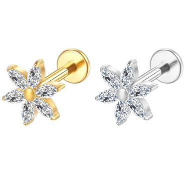 Imagem de LOMISS Brinco Piercing Titanio Helix Conch Tragus Labret Titânio Pvd Flor Zircônia Cravejada Nariz Boca Medusa (Dourado)