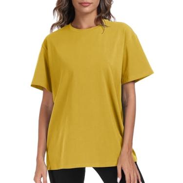 Imagem de PRIMODA Camisetas femininas grandes de manga curta na moda gola redonda solta para treino casual verão tops algodão, Mostarda amarela, GG