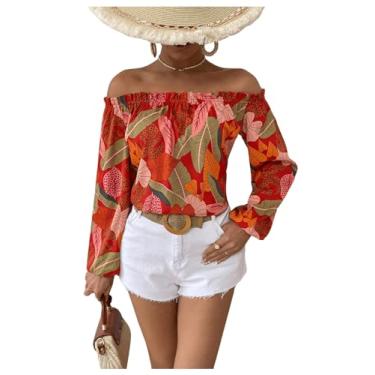 Imagem de MakeMeChic Blusa feminina tropical, ombro de fora, lanterna, manga comprida, com babados e ombros de fora, Multicor, G