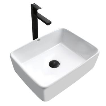 Imagem de Kit Cuba Pia Louça Cerâmica Banheiro C/ Torn e Vál Preta S17 - Smart N