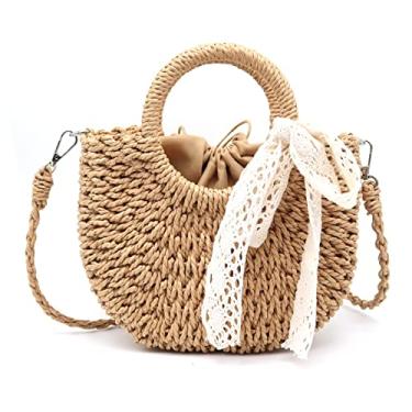Imagem de Crbeqabe Bolsa de mão com alça superior de palha de vime bolsa de verão para praia bolsa de ombro bolsa transversal para praia, Caqui, One Size