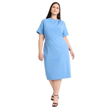 Imagem de Maggy London Vestidos femininos assimétricos chiques com gola redonda e manga curta abaixo do joelho, Chapéu azul, 54