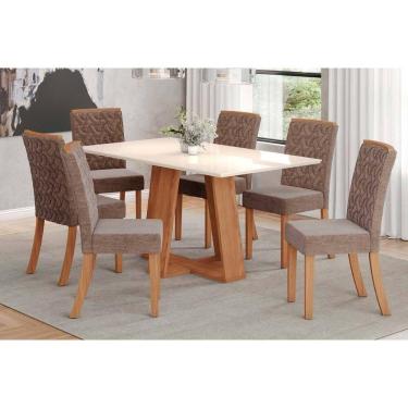 Imagem de Conjunto: Mesa de Cozinha Lins c/ Tampo Madeirado Reto 160x90cm e 6 Cadeiras Esther Nature/Linho Cacao - Henn