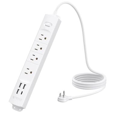 Imagem de TROND Filtro de linha com USB, plugue plano ultrafino de 0,9 m, cabo de extensão 1625W, 3 USB A e 1 tipo C, 4 tomadas CA 1440J com proteção contra surtos ETL, suporte de parede para dormitório de