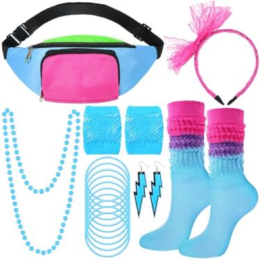 Imagem de Handepo Conjunto de 19 acessórios de fantasia dos anos 80 neon retrô anos 80 pochete faixa de cabelo luvas arrastão pulseira brincos colar meias (azul celeste)