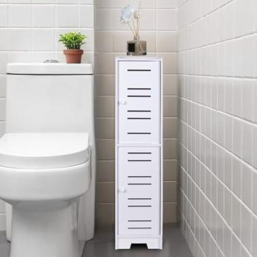 Imagem de LuiceABC Suporte de papel higiênico, armário de armazenamento sobre o vaso sanitário para banheiro, prateleira de canto fina para espaços pequenos com portas, 77 x 19 x 19 cm