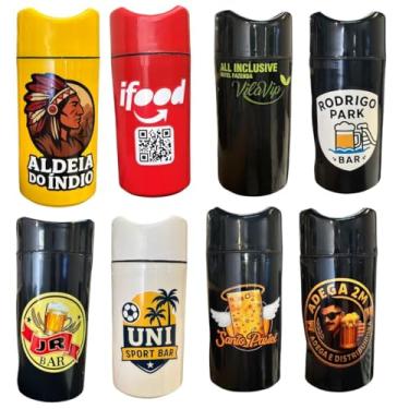 Imagem de Kit 4 Porta Garrafa Térmico 600ml Personalizado com Logo/Arte | Camisinha para Cerveja - Isopor para Cerveja | Bar | Restaurante | Lanchonete (Vermelho, 2 Adesivos (Frente e Verso))