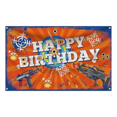 Imagem de Faixa de Feliz Aniversário Tema de Jogos ejovpie Arma de Batalha de Dardos Cenário de Aniversário com Design Alvo Decoração de Festa Interior Exterior 43X71 IN (H3)