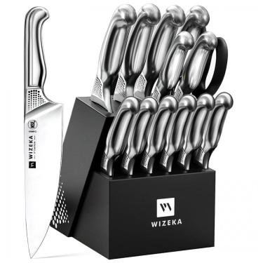 Imagem de Conjunto de Facas em Aço Inoxidável com Afiador Embutido e Bloco de Bancada 15 Peças, WIZEKA, Prateado