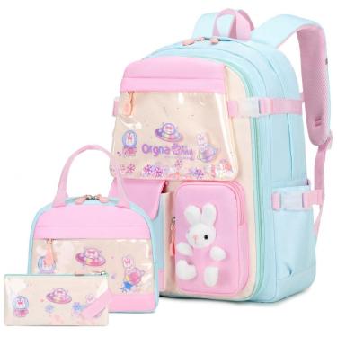Imagem de Mochila escolar infantil FIXITOK coelho kawaii 3 peças, com lancheira térmica e estojo, nylon impermeável, azul água