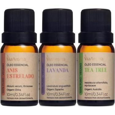 Imagem de Kit 3 Óleos Essenciais Via Aroma 100% Puros Clássicos Naturais Para Difusor, Massagem e Aromaterapia Escolha o seu (Lavanda+Tea Tree+Anis Estrelado)