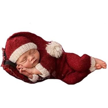 Imagem de Yuehuam Roupas de fotografia de Natal recém-nascido adereços de fotos de bebê roupas de crochê papai noel calças chapéu vermelho fantasia de fotografia