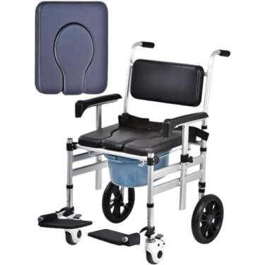 Imagem de Cômoda de cabeceira com rodas, cadeira de rodas estofada sobre vaso sanitário, assento sanitário dobrável e elevado, cadeira de banho de alumínio com rodízios