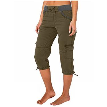 Imagem de BFAFEN Calça capri feminina casual de verão com cintura alta e bolso, Calça jogger cargo feminina Army Green, M
