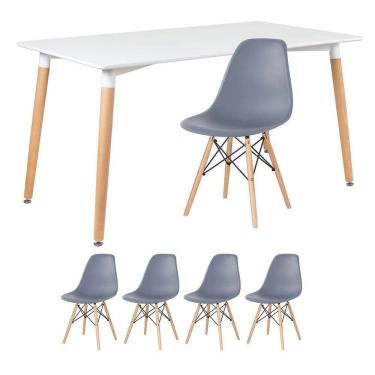 Imagem de Mesa De Jantar Retangular Eames 80 X 140 Cm Branco + 4 Cadeiras Eiffel Dsw Cinza Escuro