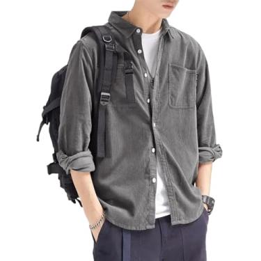 Imagem de Camisa masculina de veludo cotelê primavera e outono manga longa solta casual masculina simples, Cinza escuro Sy184, P