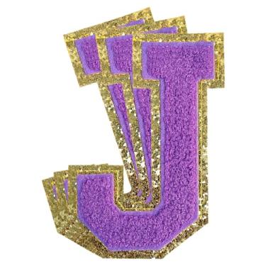 Imagem de 3 peças de remendos de letras de chenille roxo glitter ferro em remendos de letras universitárias remendo bordado de chenille costurar em remendos para roupas chapéu bolsas jaquetas camisa (roxo, j)