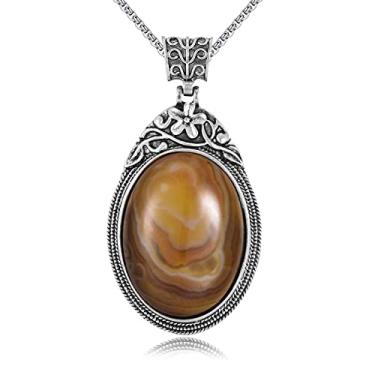 Imagem de VIJASHOP Colar de pedra preciosa oval para mulheres pingente oval de aço inoxidável pedras semipreciosas joias presente para esposa mãe, Aço inoxidável, Âmbar