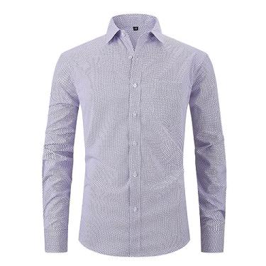 Imagem de Camisa social masculina de manga comprida slim fit abotoada xadrez bolso camisetas macias e confortáveis, Roxo, XG