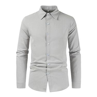 Imagem de Camisa social masculina de algodão e linho, manga comprida, formal, cor sólida, camisa de botão, Cinza-claro, XXG
