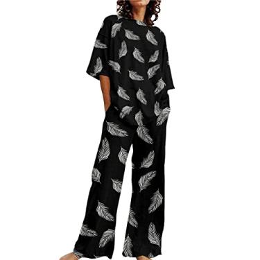 Imagem de Conjunto de duas peças de linho feminino casual de verão plus size, camisas de manga curta, tops grandes, algodão, pernas largas, conjunto de roupa de descanso, Za2 - preto, X-Large