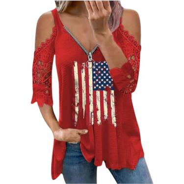 Imagem de Camiseta feminina com estampa do Dia da Independência do Dia da Independência de renda engraçada com zíper e gola V com bandeira americana, A-red-1, P