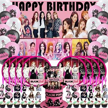 Imagem de Suprimentos de festa rosa preto decorações de aniversário pratos balões banner toppers de bolo talheres de plástico descartáveis facas garfos conjunto decorações decoração