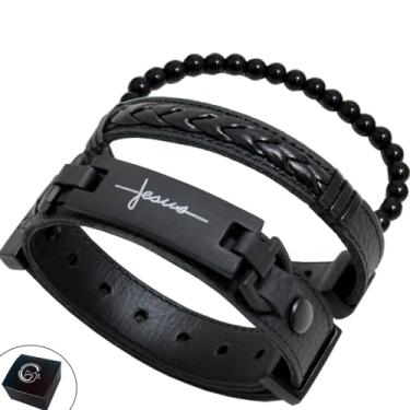 Imagem de GRANADO ACESSÓRIOS, Pulseira de Couro Kit 03 FÉ Preto com Fecho Strap Plug Ajustável e Pulseira de Esferas - AM
