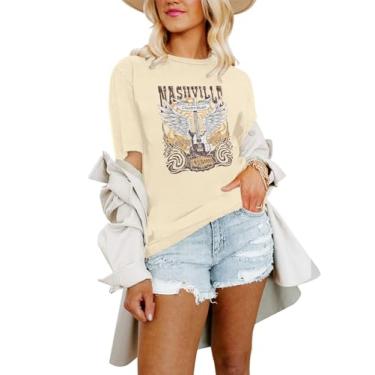 Imagem de Binshre Camisetas femininas de concerto de música country de Nashville, camisetas de manga curta com estampa envelhecida para mulheres, F-bege, GG