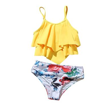 Imagem de Biquíni feminino fofo com 2 piaces, cintura alta, babados, roupa de banho havaiana, 5 a 12 anos, Amarelo, 10-12 Years