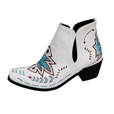 Imagem de Aniywn Bota feminina vintage ocidental flor bico quadrado cowgirl slip on recorte grosso empilhado salto médio bota bota sapato bota cano curto, Branco, 40