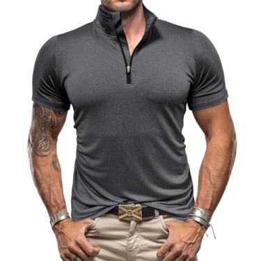 Imagem de DAGIN Camisa polo masculina com zíper e manga curta de algodão, Preto, G