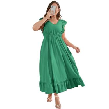 Imagem de KOJOOIN Vestido feminino plus size de verão com bolso com babados, sem mangas, decote em V, fenda lateral, vestido longo de praia, Verde lago-1, GG