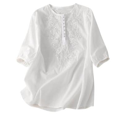 Imagem de Camisas de linho femininas com botão de manga curta verão solta gola redonda casual boho blusa vintage bordada, 02#branco, G