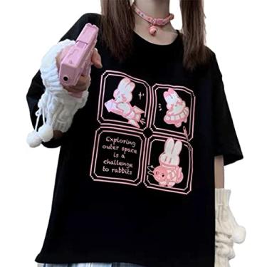 Imagem de ZLMuMulin Harajuku Fashion Kawaii Gótico Estilo Casual Macio Solto Gola Redonda Bonito Desenho Animado Espaço Coelhinho Estampado Camiseta, Preto, GG