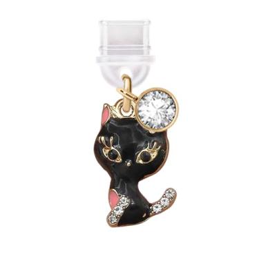 Imagem de ELISE & FONDA TP363 Tipo-C porta de carregamento USB plugue antipoeira pequeno gato senhora pingente de telefone celular para iPhone 15 e Samsung/OnePlus/Xiaomi/oppo telefones Android (preto),