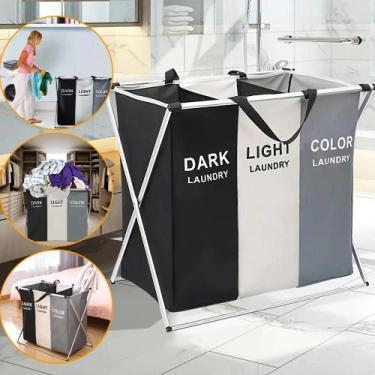 Imagem de Cesto De Roupa Suja Dobravel 3 Divisórias Grande Organizador Roupas Su