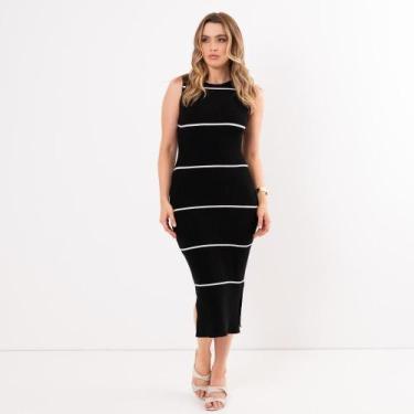 Imagem de Vestido Midi Tricot Listras - SCHOONER, Preto, Off, Whi, G
