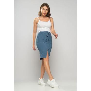 Imagem de Saia Midi Com Bolso Malha Canelada Azul Salvatore Fashion, Azul jeans,