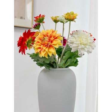 Imagem de Mythlty Flores artificiais de dália, brancas, roxas, vermelhas, laranjas, flores falsas com hastes flocadas com toque real, flores de seda para decoração de escritório em casa, decoração de mesa de