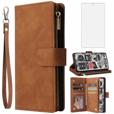 Imagem de Asuwish Capa tipo carteira compatível com Nothing Phone 2 de vidro temperado e capa flip de couro com suporte para cartão, acessórios para celular, capas magnéticas de TPU para duas mulheres e homens,