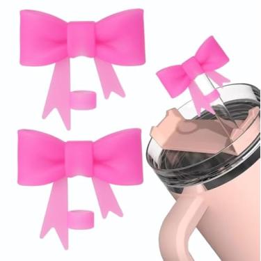 Imagem de 2 peças de capa de canudo de laço para copo Stanley de 40 e 850 g, tampa de silicone de 10 mm para acessórios de copo Stanley, tampa de palha para tampa de ponta de canudos reutilizáveis (rosa)