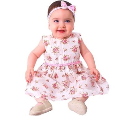 Imagem de Vestido de Bebê Roupa Menina Infantil Com Tiara 100% Algodão - Manuela